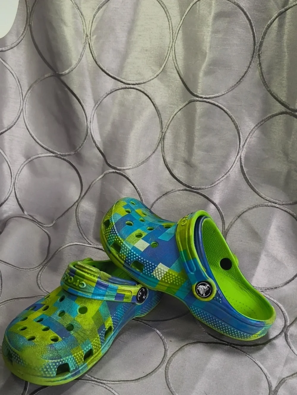 CROCS Kids Green and Blue Patterned Clogs with Heel Strap Size C13 AA